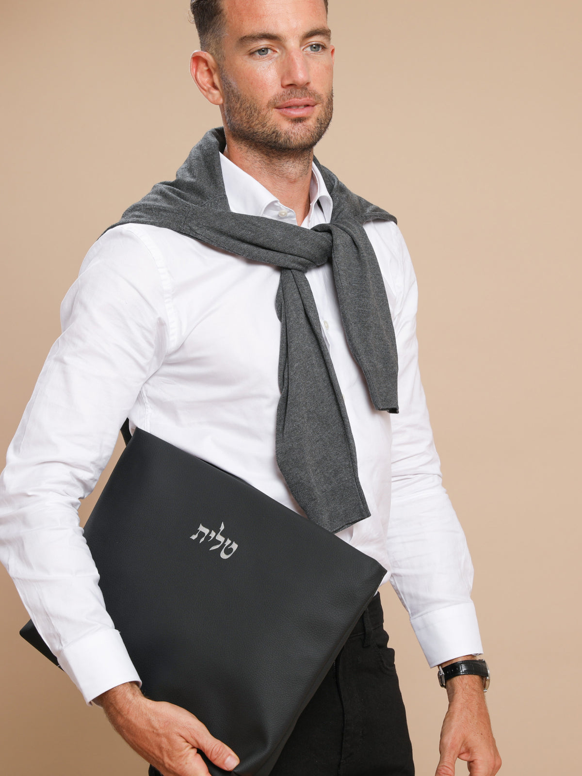Bar Mitzvah Tefillin Bag in Uniquely Textured Woven Fabric with Leather