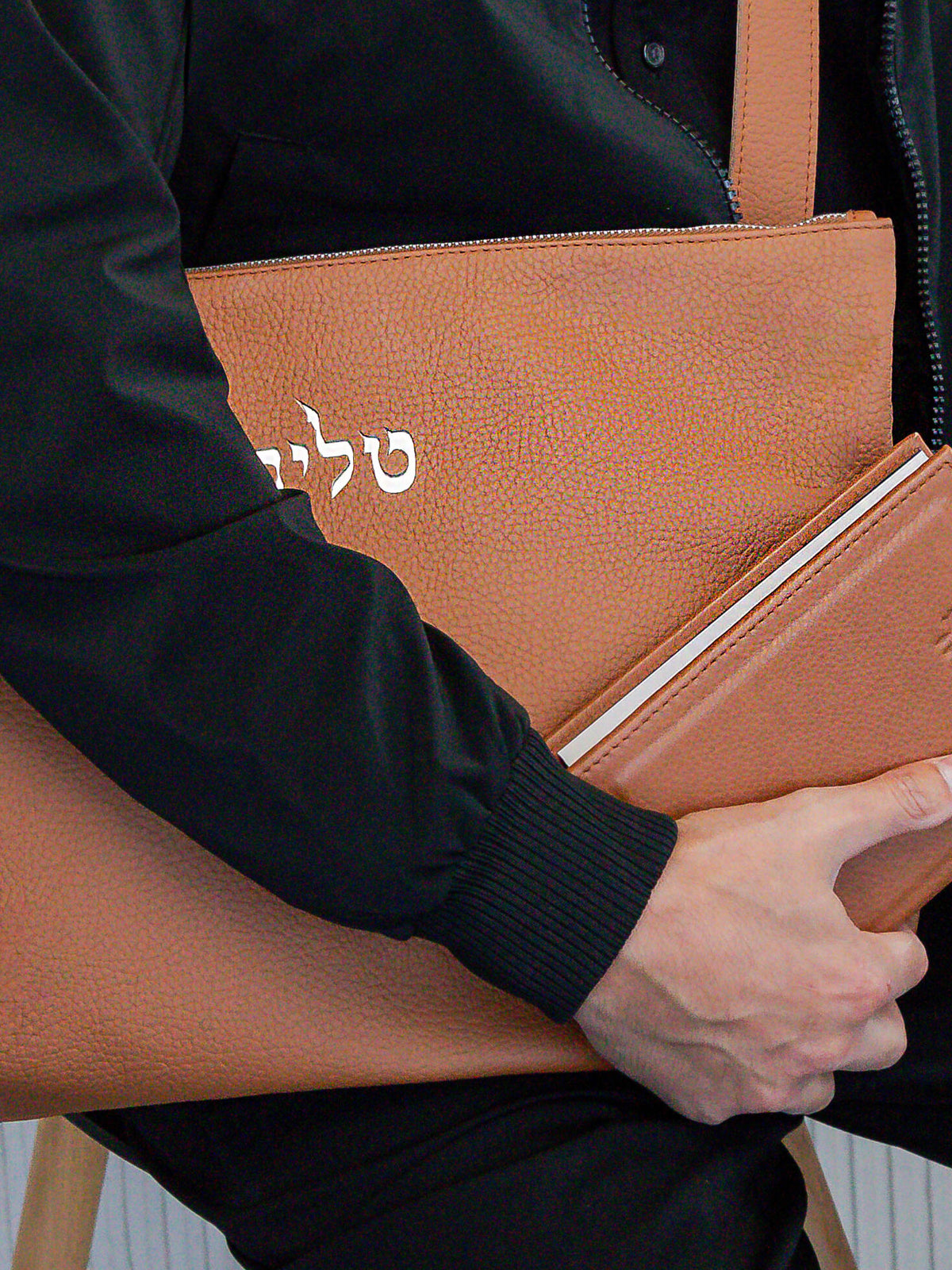 Leather Zipper Talit and Tefillin Bag Set